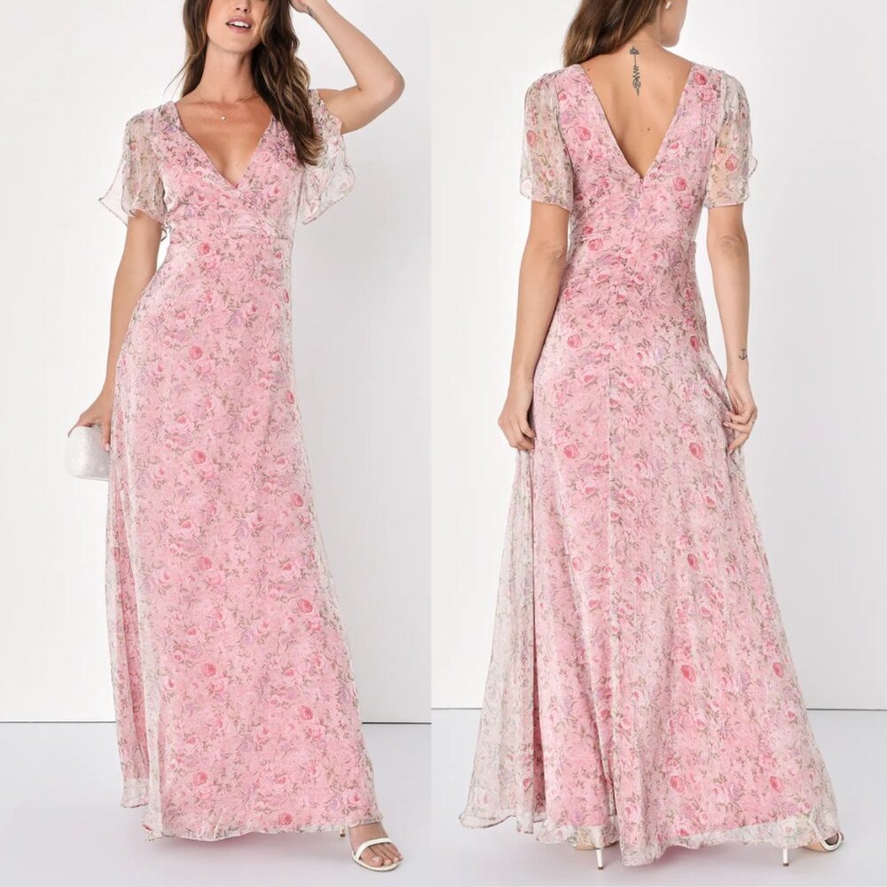 Lulu's Dreamiest Desires Floral Flutter Sleeve V-neck Maxi Dress, Pink, Small - Picture 3 of 11